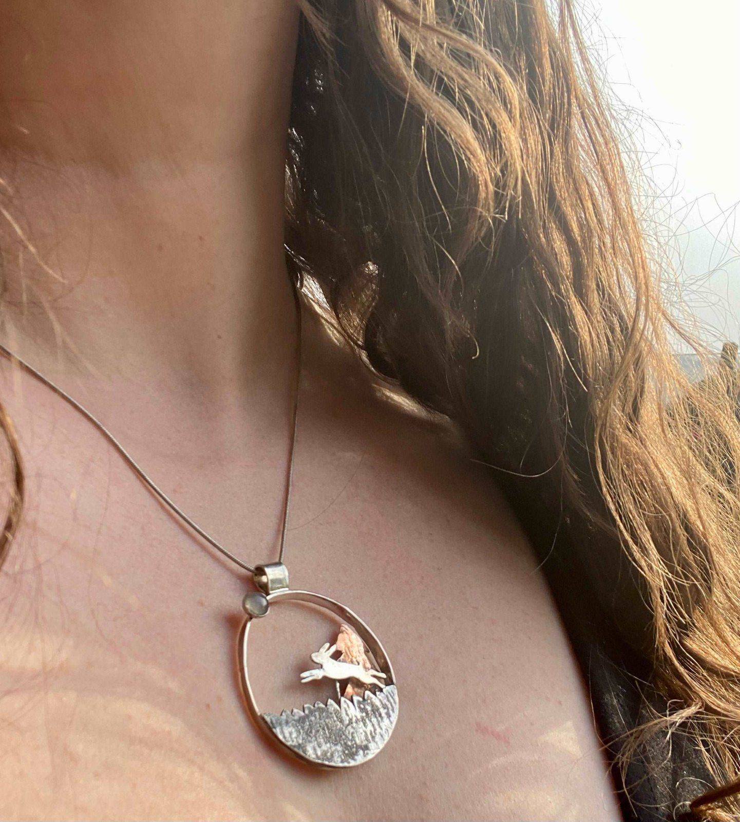 Kinetic running hare necklace - moving jewellery | Louella Jewellery