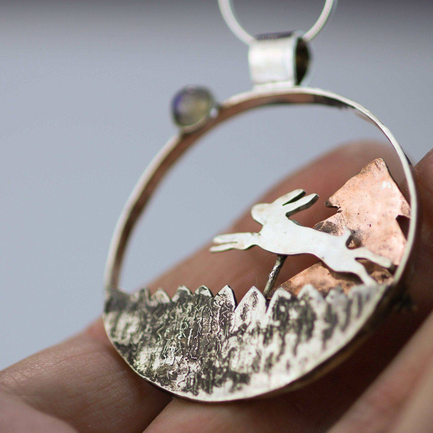 Kinetic running hare necklace - moving jewellery | Louella Jewellery