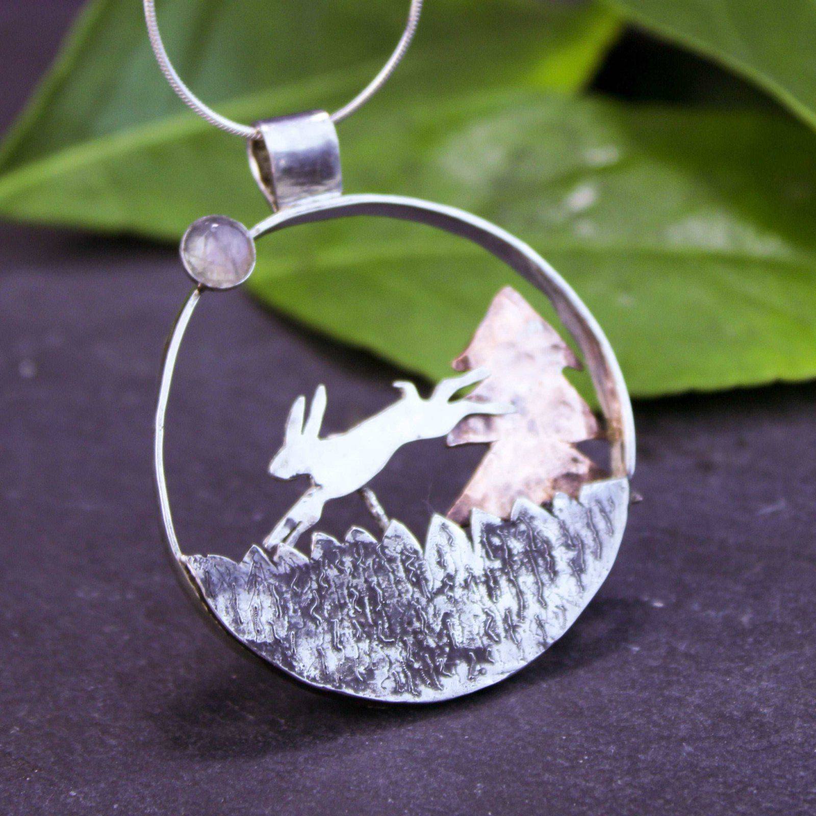 Kinetic running hare necklace - moving jewellery | Louella Jewellery