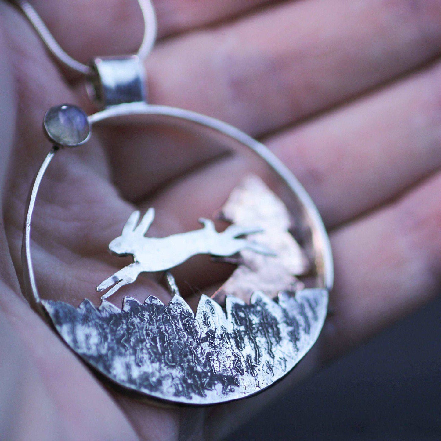 Kinetic running hare necklace - moving jewellery | Louella Jewellery