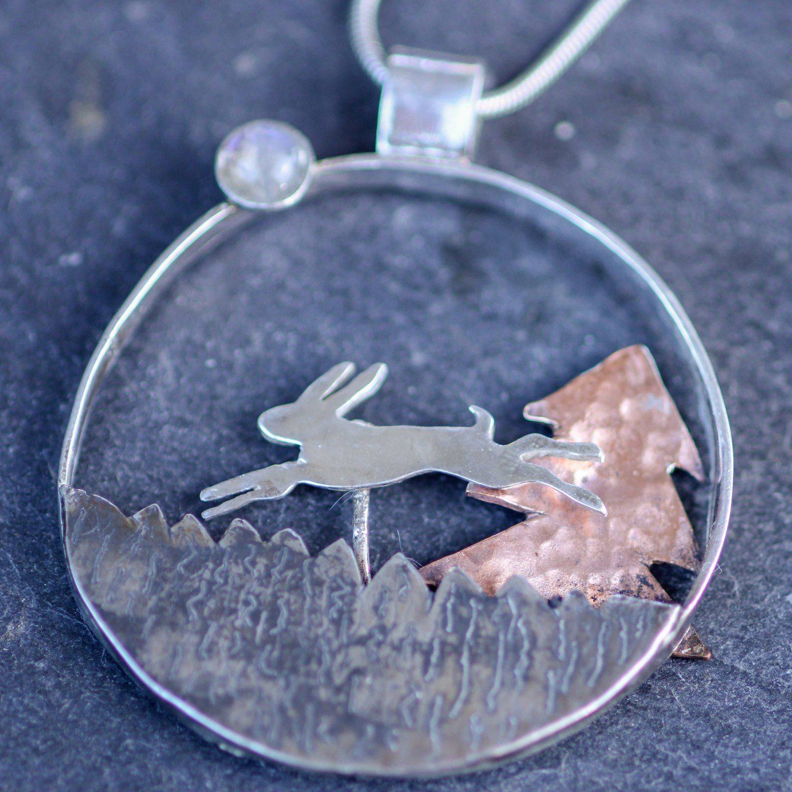 Kinetic running hare necklace - moving jewellery | Louella Jewellery