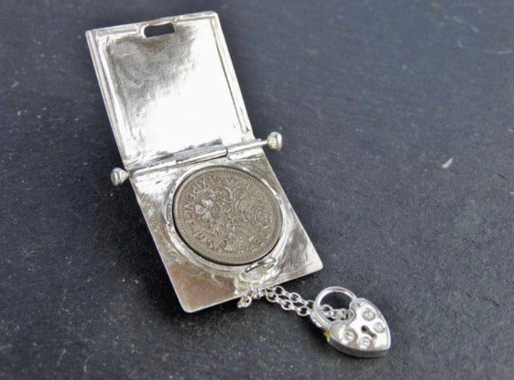 Sixpence bride locket brooch | Louella Jewellery