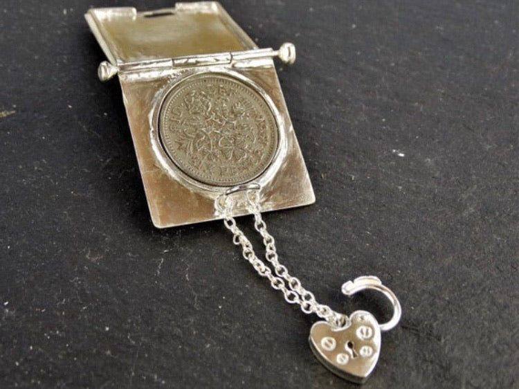 Sixpence bride locket brooch | Louella Jewellery