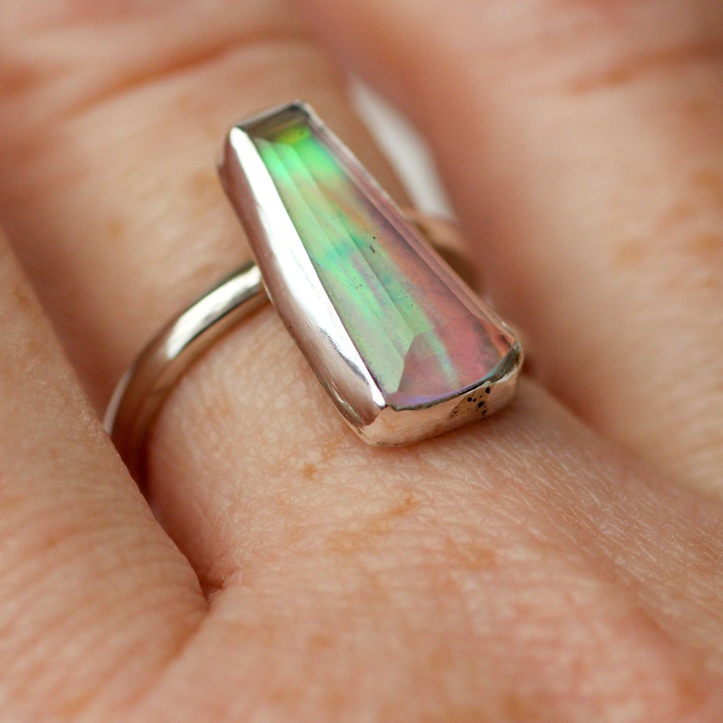 Pink & green flash opal ring louella-jewellery