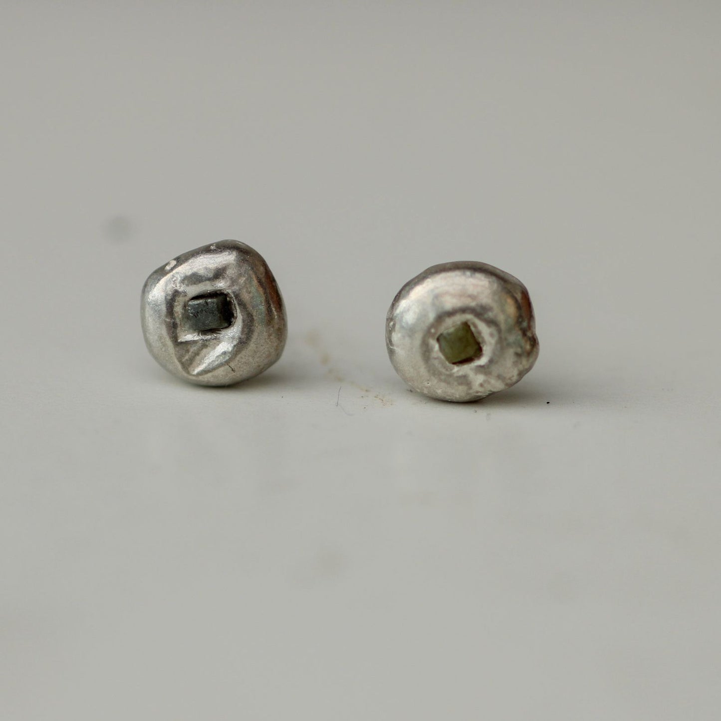 Molten silver stud earrings with raw diamonds louella-jewellery